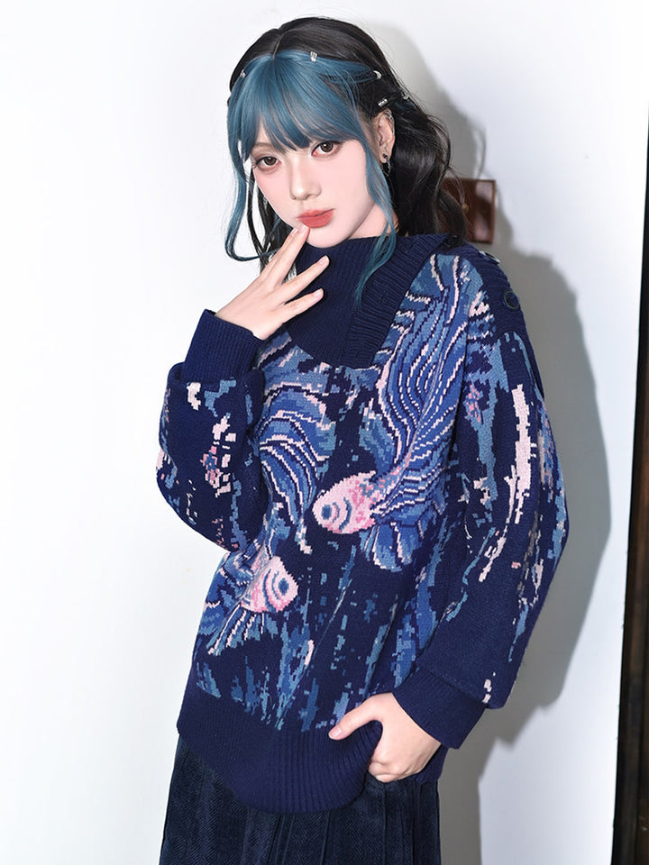 Blue Betta Fish Jacquard Convertible-Neck Sweater
