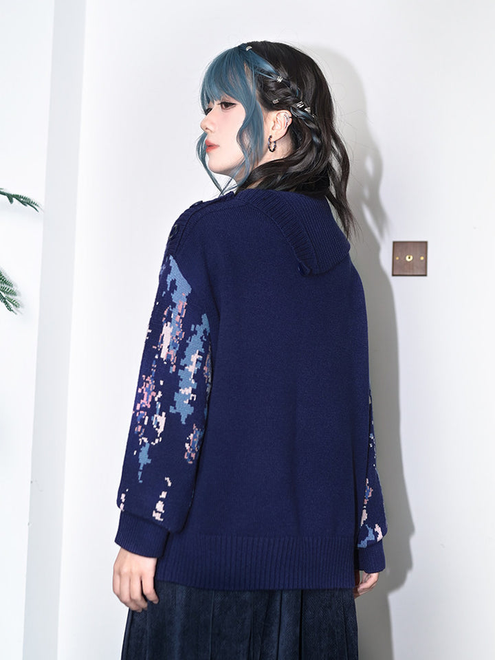 Blue Betta Fish Jacquard Convertible-Neck Sweater