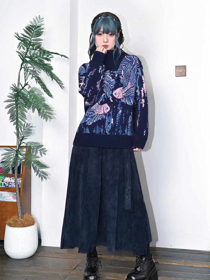 Blue Betta Fish Jacquard Convertible-Neck Sweater