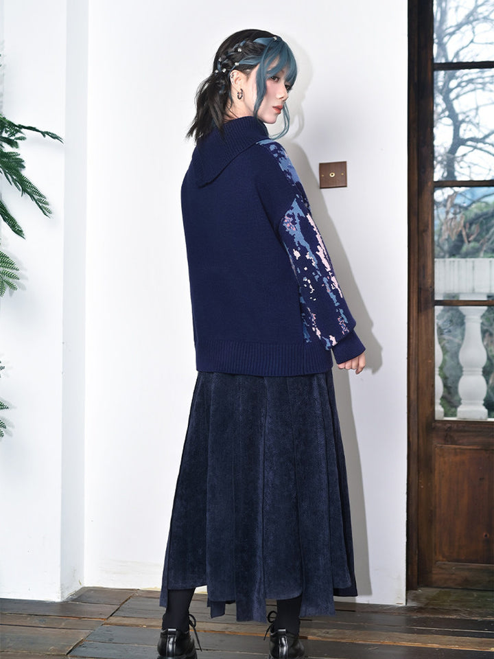 Blue Betta Fish Jacquard Convertible-Neck Sweater