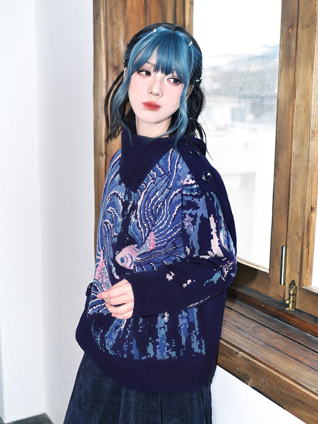 Blue Betta Fish Jacquard Convertible-Neck Sweater