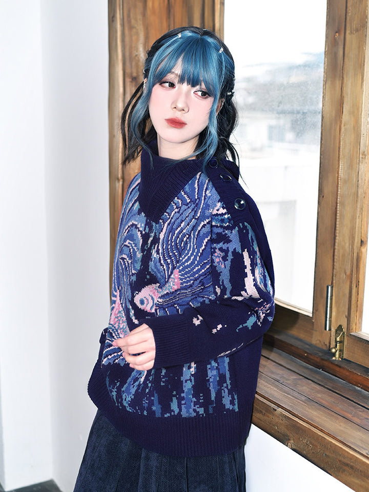 Blue Betta Fish Jacquard Convertible-Neck Sweater