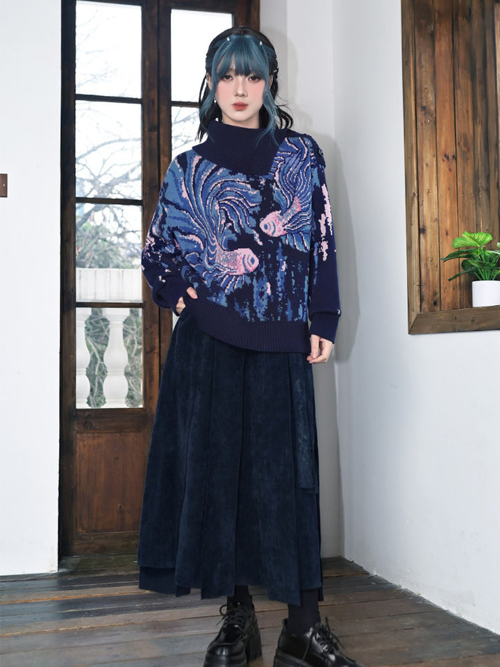 Blue Betta Fish Jacquard Convertible-Neck Sweater