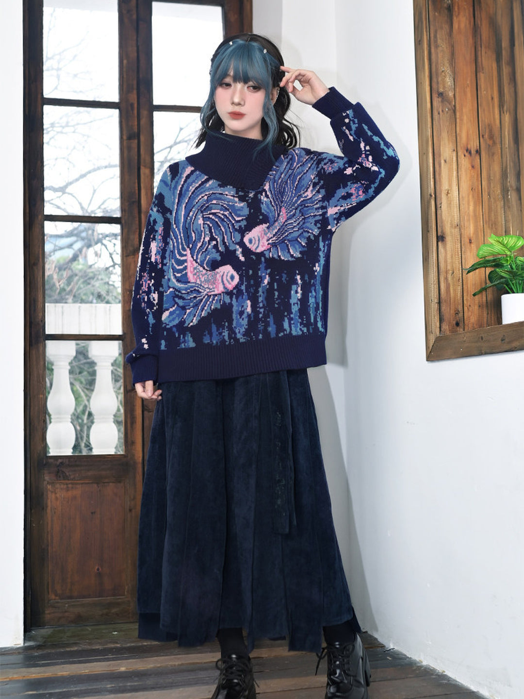 Blue Betta Fish Jacquard Convertible-Neck Sweater