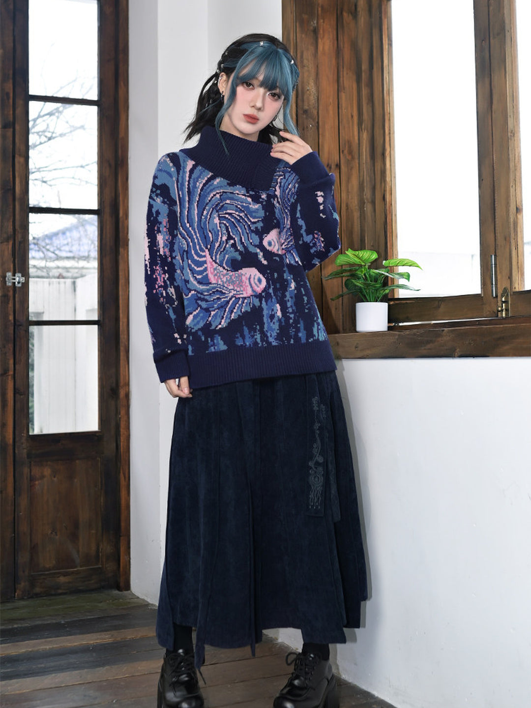 Blue Betta Fish Jacquard Convertible-Neck Sweater