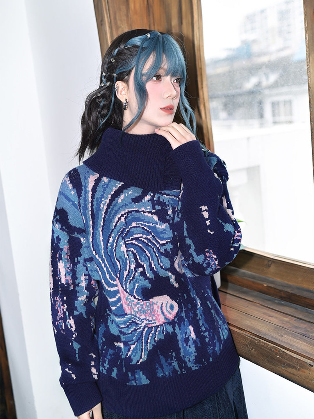 Blue Betta Fish Jacquard Convertible-Neck Sweater