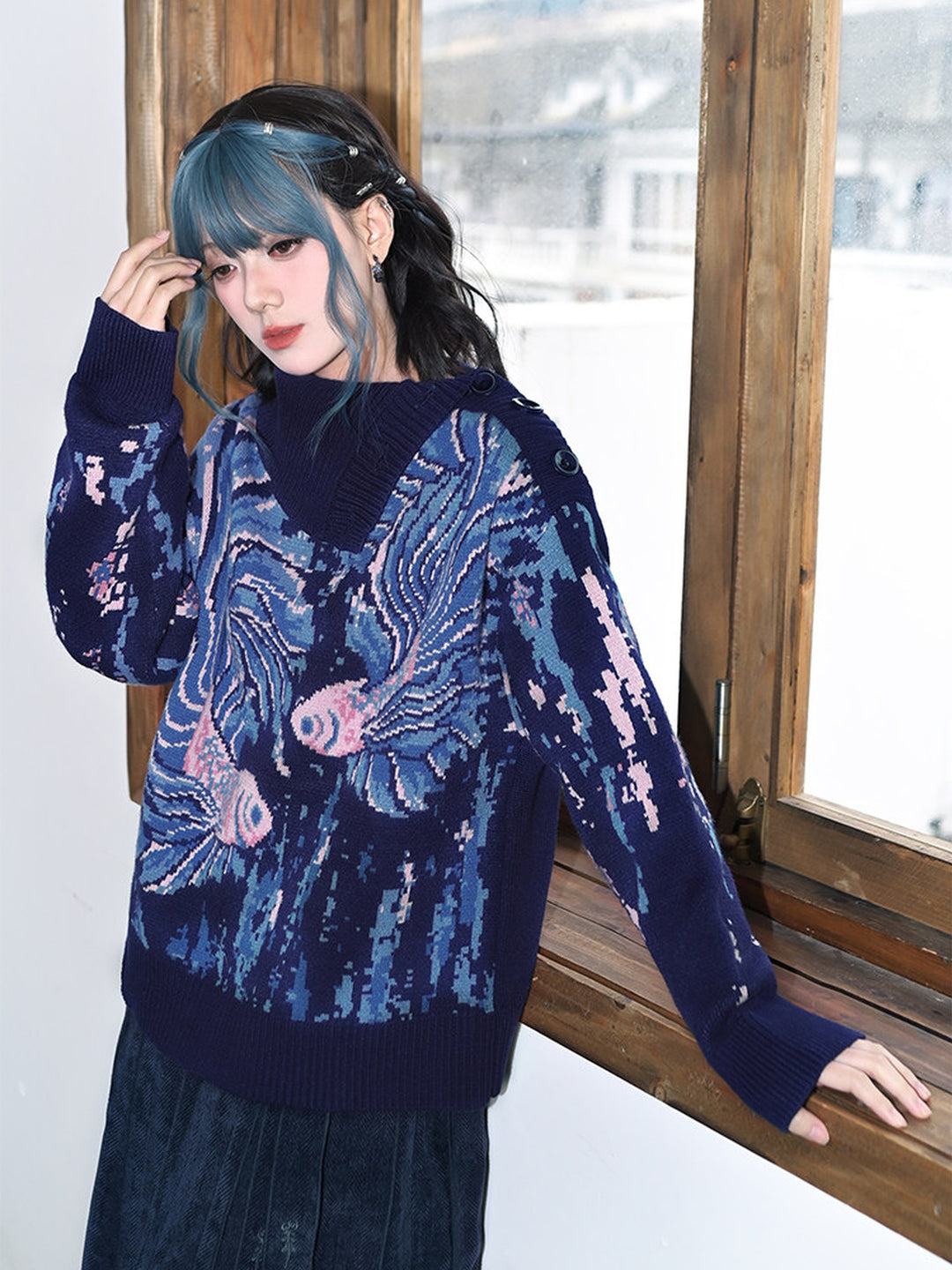Blue Betta Fish Jacquard Convertible-Neck Sweater