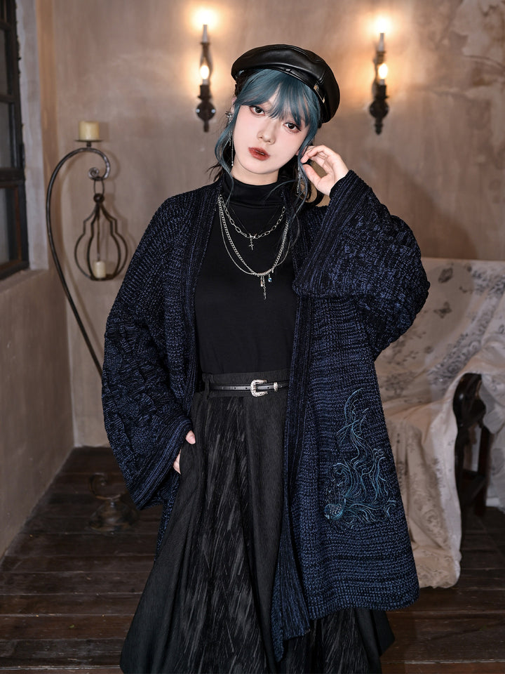 Blue Betta Fish Embroidered Tie-Wrap Knit Cardigan