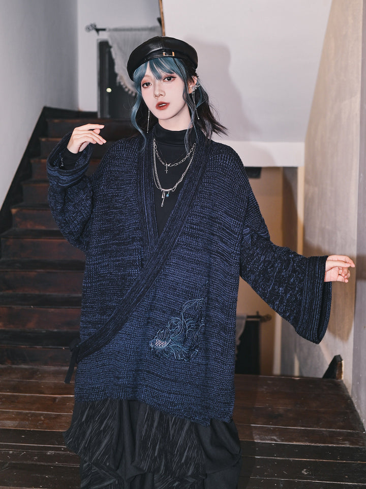 Blue Betta Fish Embroidered Tie-Wrap Knit Cardigan