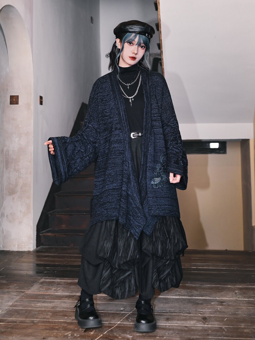 Blue Betta Fish Embroidered Tie-Wrap Knit Cardigan