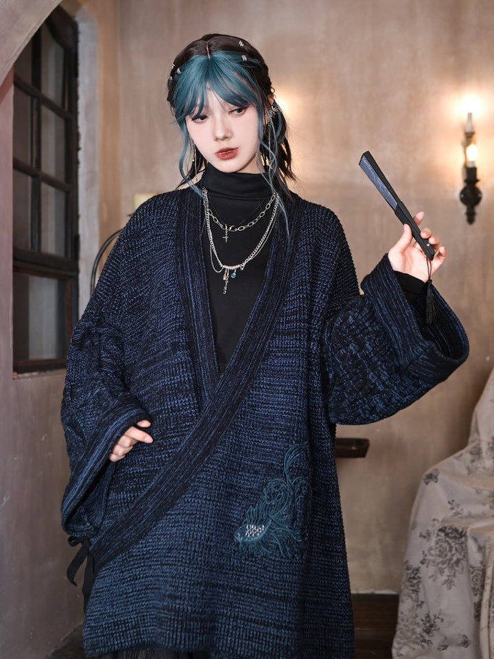 Blue Betta Fish Embroidered Tie-Wrap Knit Cardigan