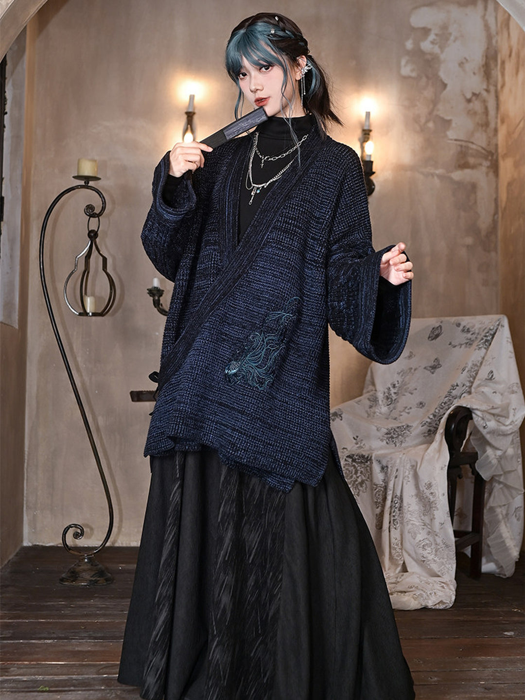 Blue Betta Fish Embroidered Tie-Wrap Knit Cardigan
