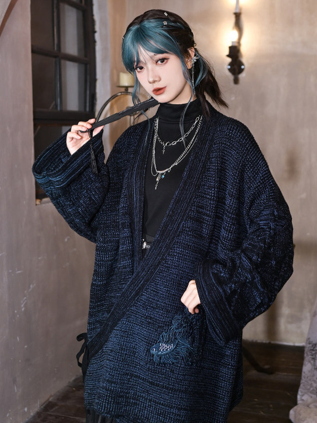 Blue Betta Fish Embroidered Tie-Wrap Knit Cardigan