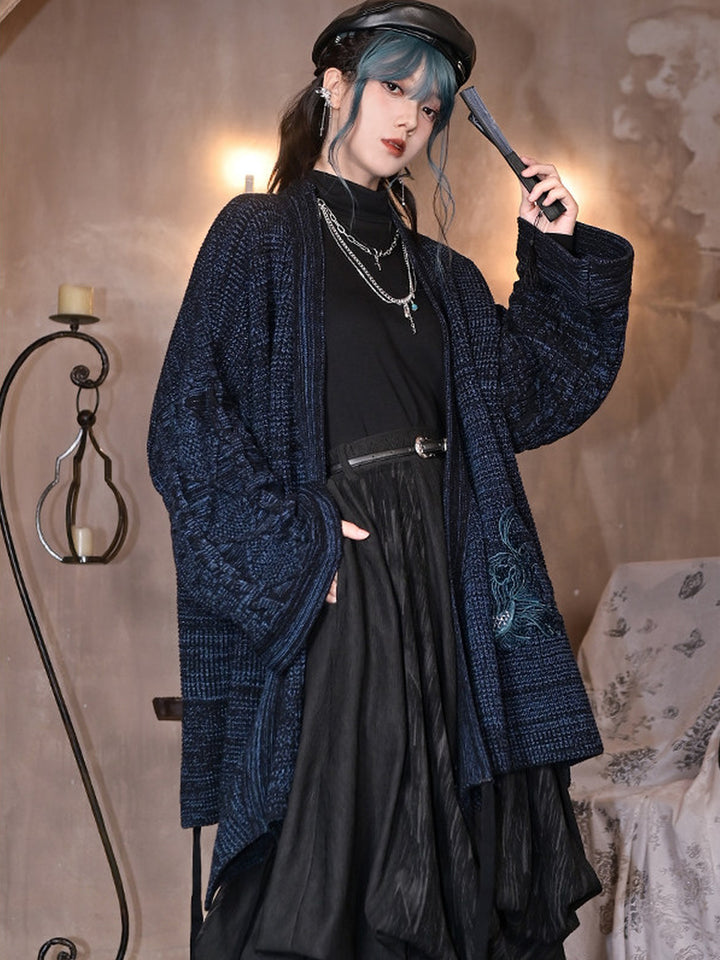 Blue Betta Fish Embroidered Tie-Wrap Knit Cardigan