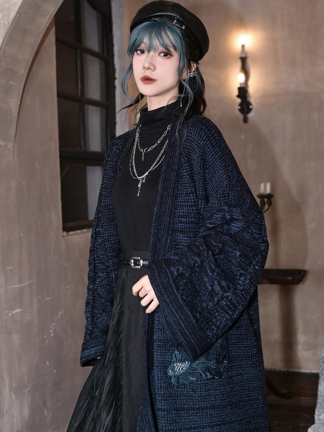 Blue Betta Fish Embroidered Tie-Wrap Knit Cardigan