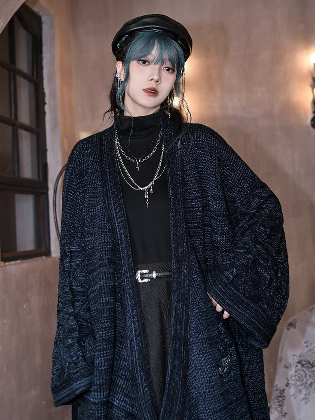 Blue Betta Fish Embroidered Tie-Wrap Knit Cardigan