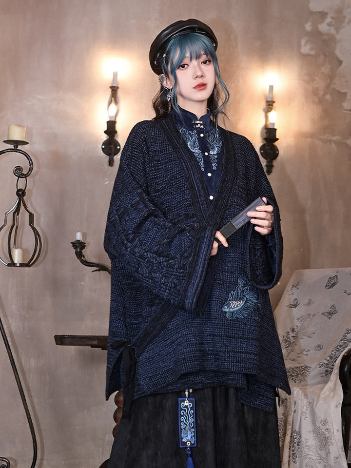 Blue Betta Fish Embroidered Tie-Wrap Knit Cardigan