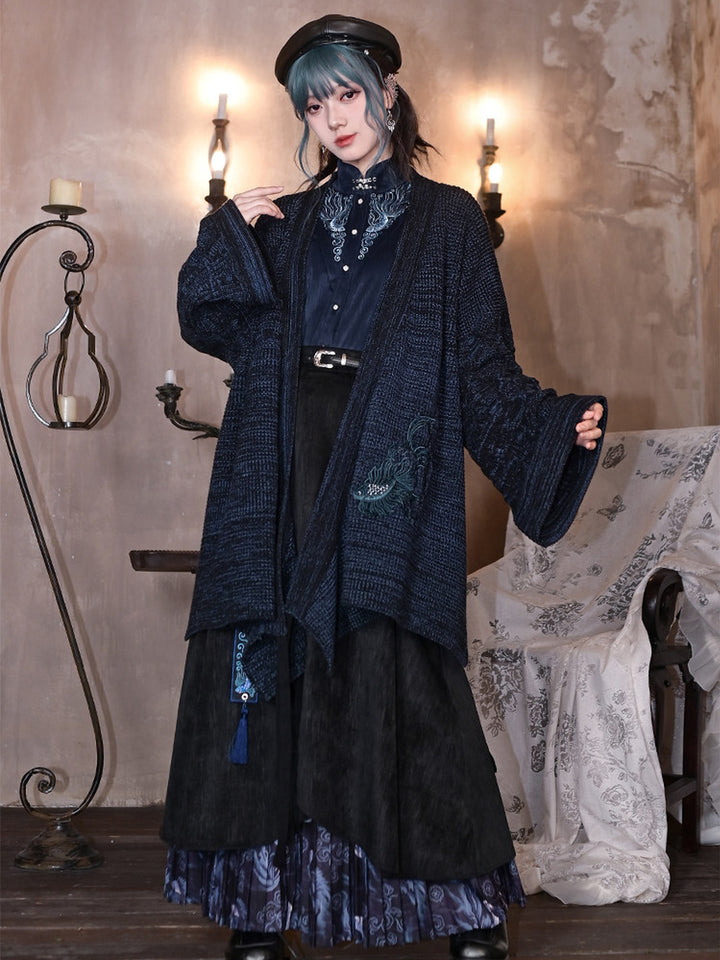 Blue Betta Fish Embroidered Tie-Wrap Knit Cardigan