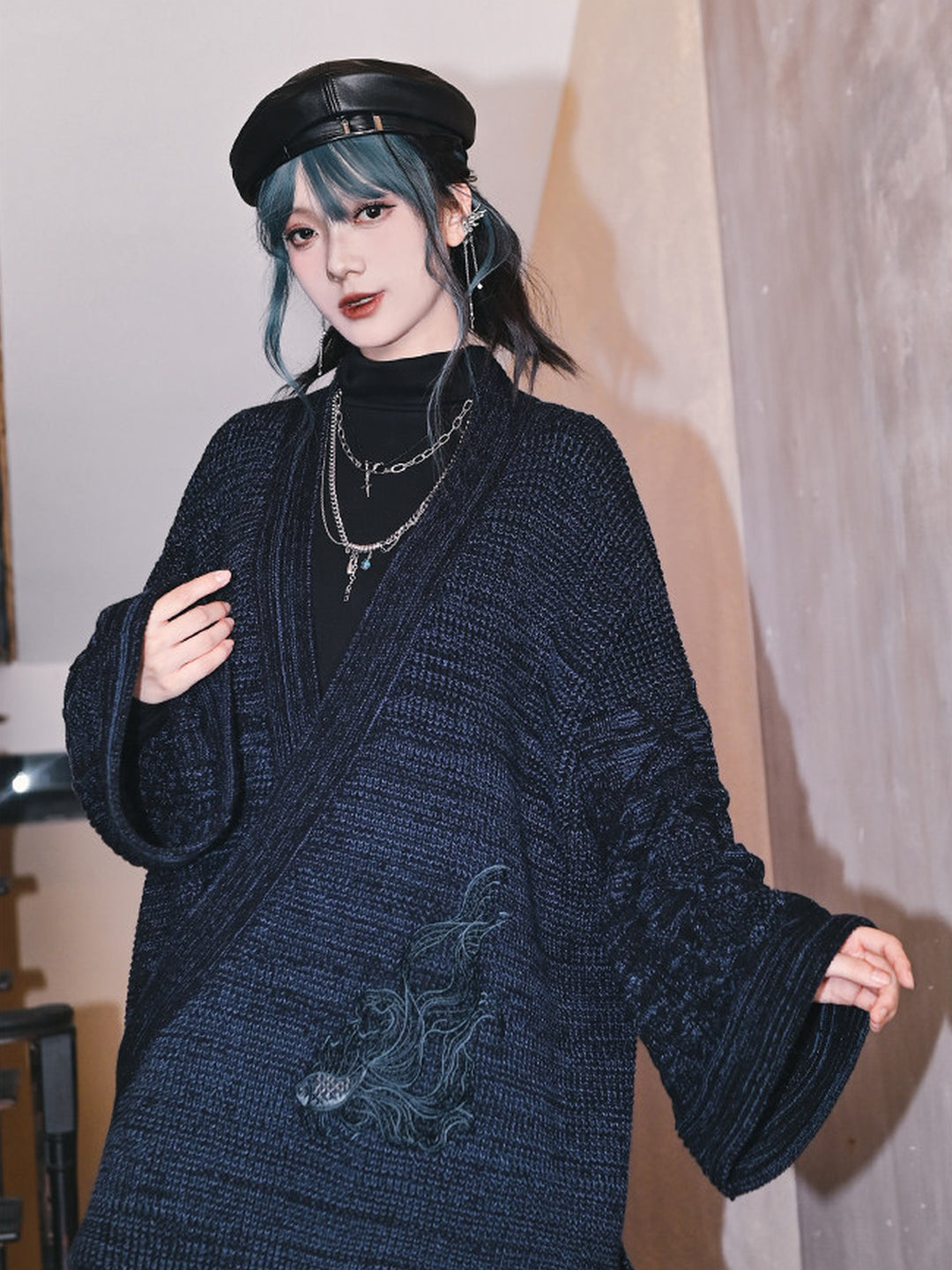 Blue Betta Fish Embroidered Tie-Wrap Knit Cardigan