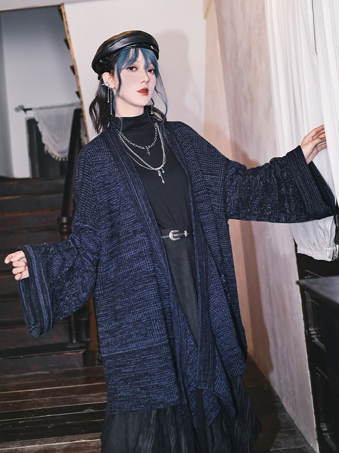 Blue Betta Fish Embroidered Tie-Wrap Knit Cardigan