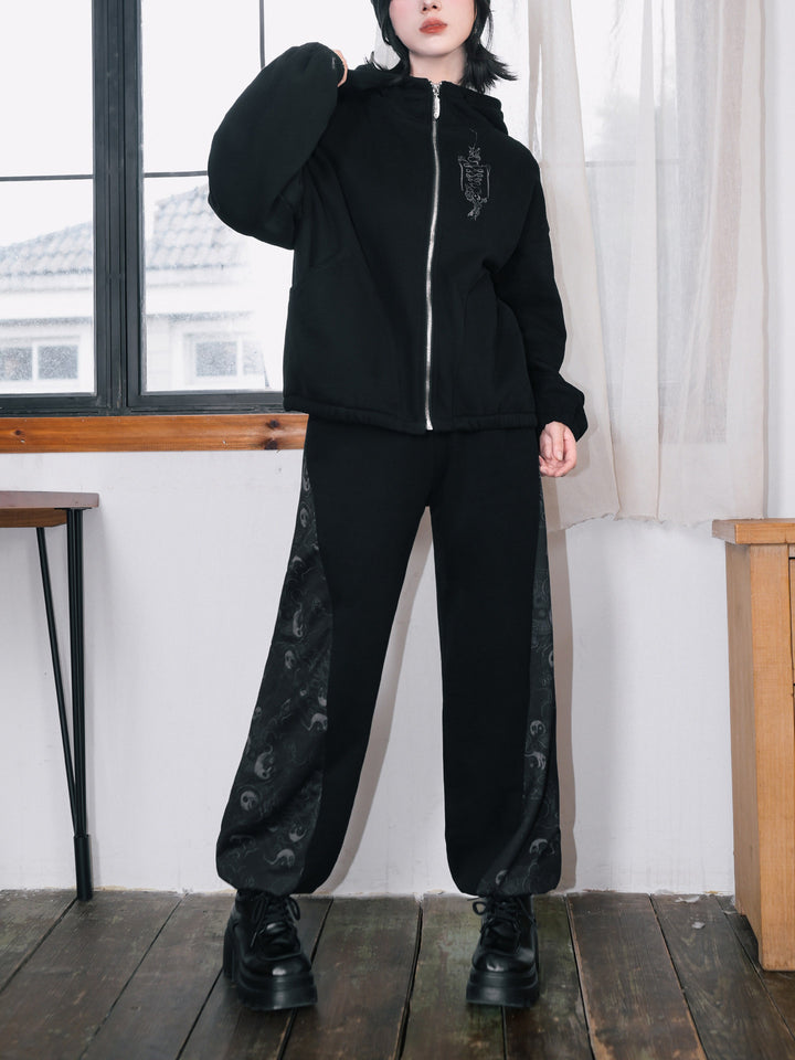 Black Raven Print Panel Fleece-Lined Sweatpants
