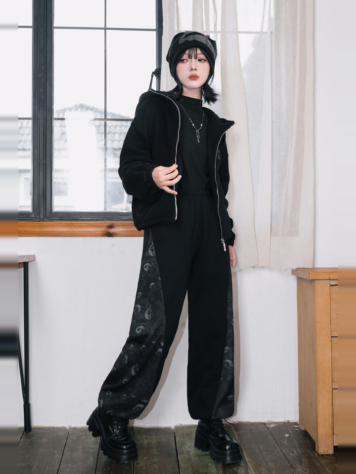 Black Raven Print Panel Fleece-Lined Sweatpants