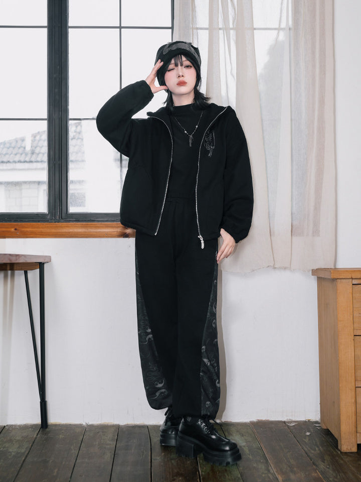 Black Raven Print Panel Fleece-Lined Sweatpants