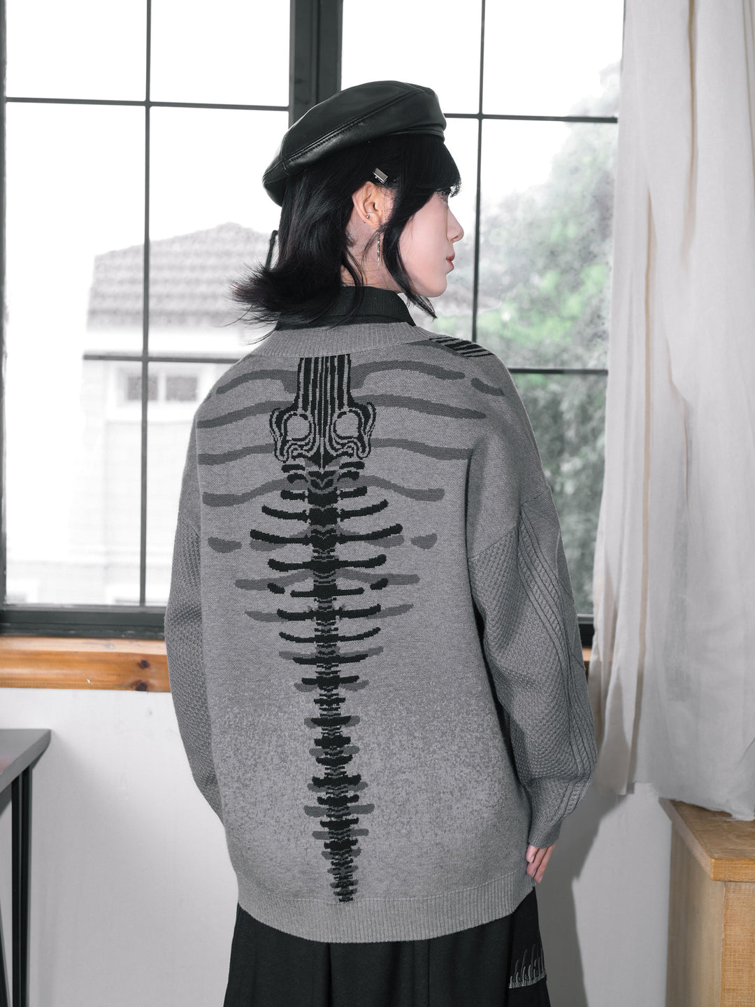 Gray Whale Skeleton Jacquard V-Neck Cardigan