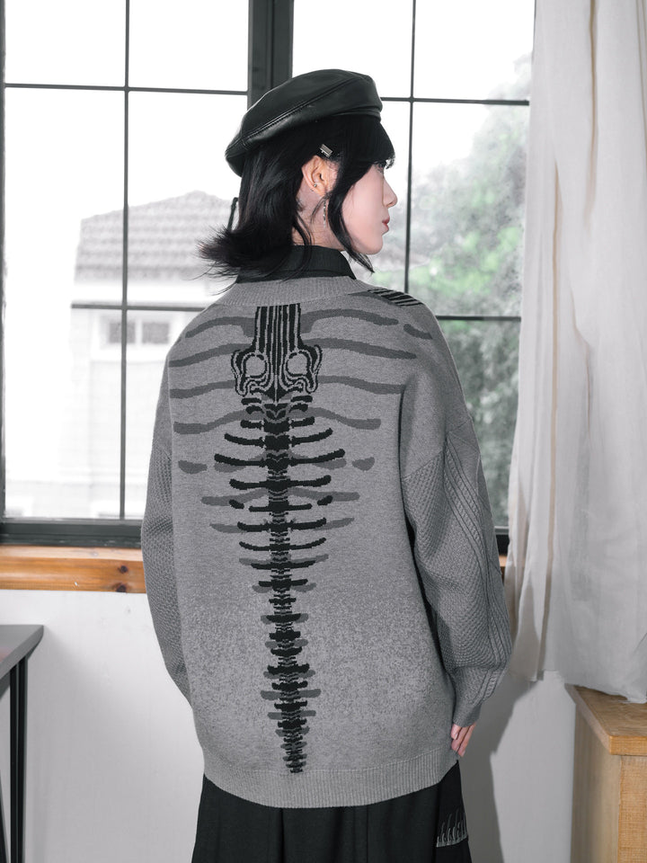 Gray Whale Skeleton Jacquard V-Neck Cardigan