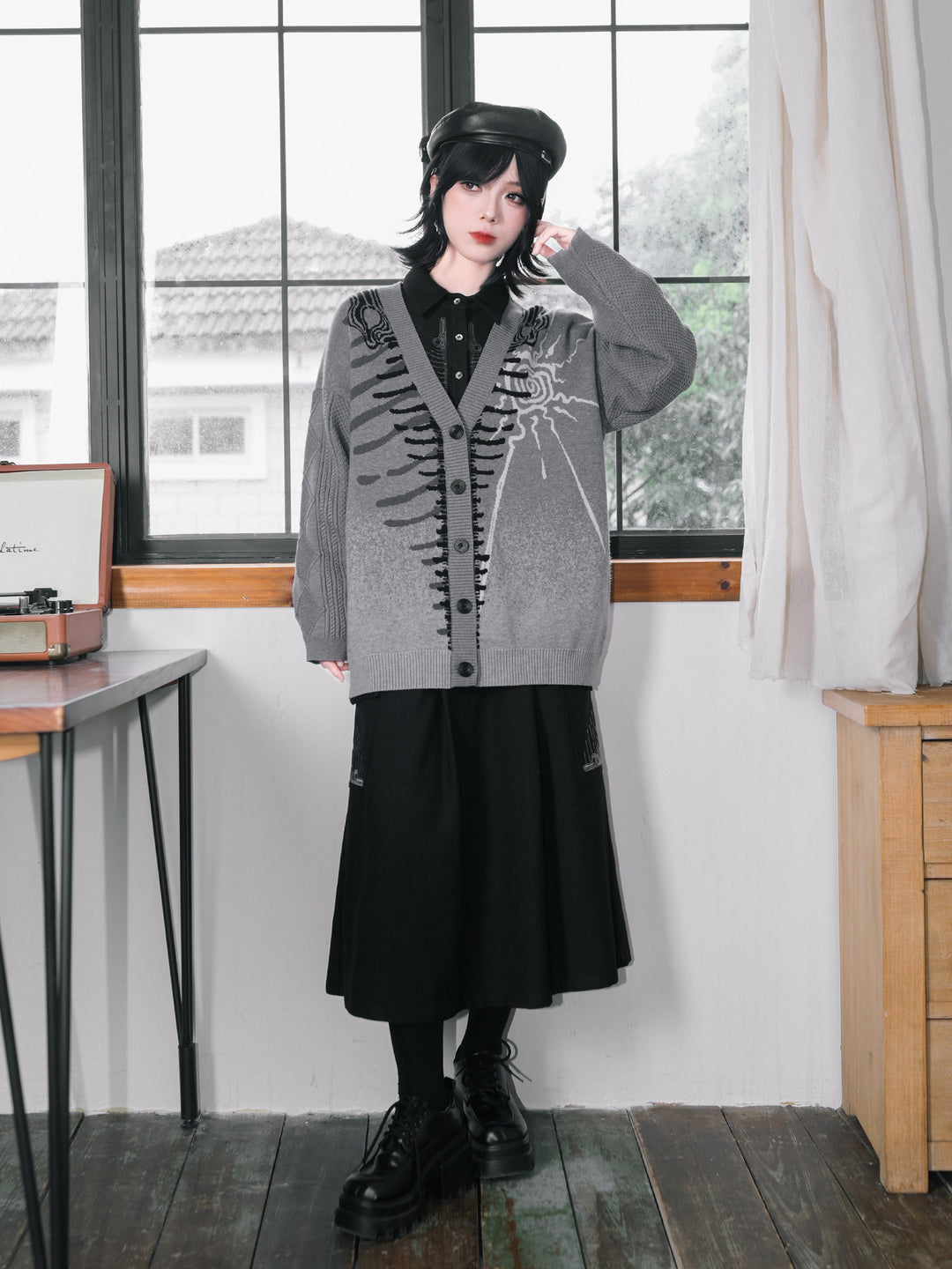 Gray Whale Skeleton Jacquard V-Neck Cardigan