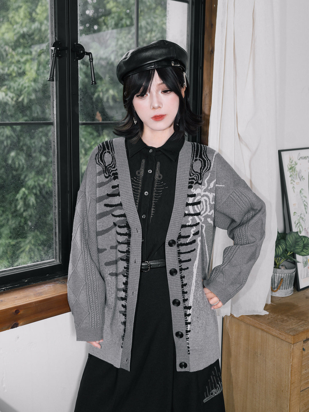 Gray Whale Skeleton Jacquard V-Neck Cardigan