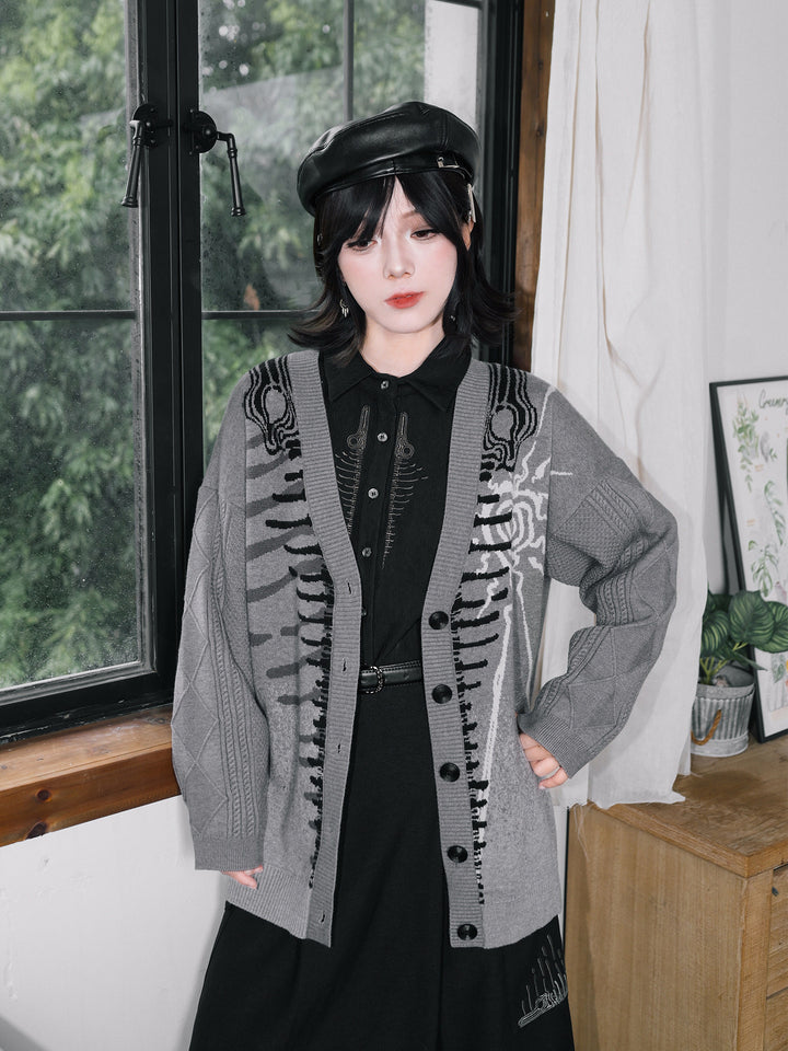 Gray Whale Skeleton Jacquard V-Neck Cardigan
