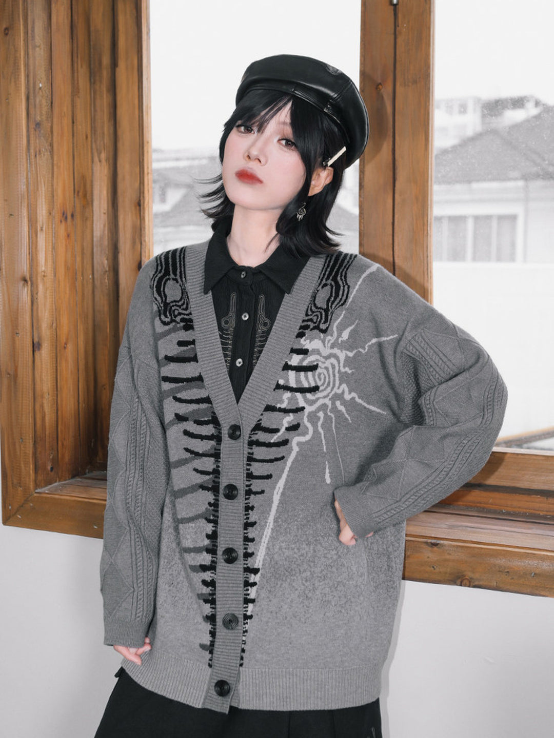 Gray Whale Skeleton Jacquard V-Neck Cardigan