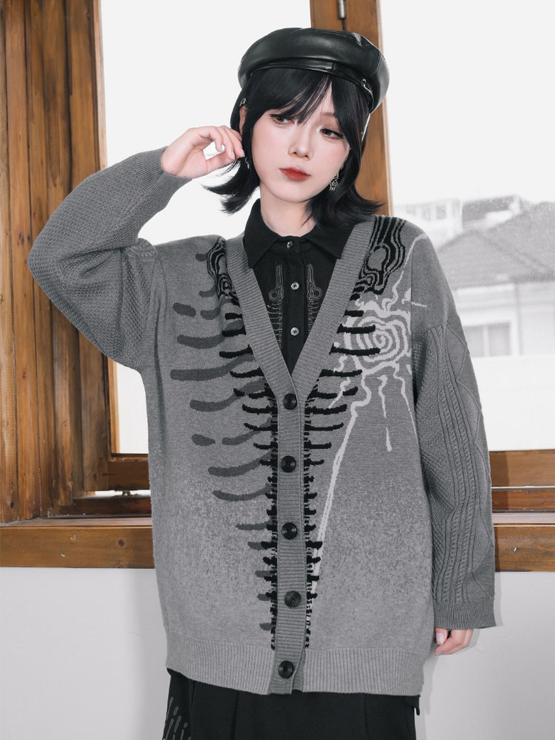 Gray Whale Skeleton Jacquard V-Neck Cardigan