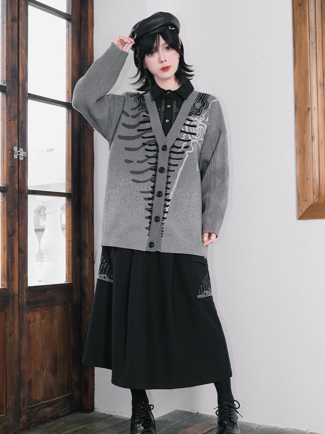 Gray Whale Skeleton Jacquard V-Neck Cardigan