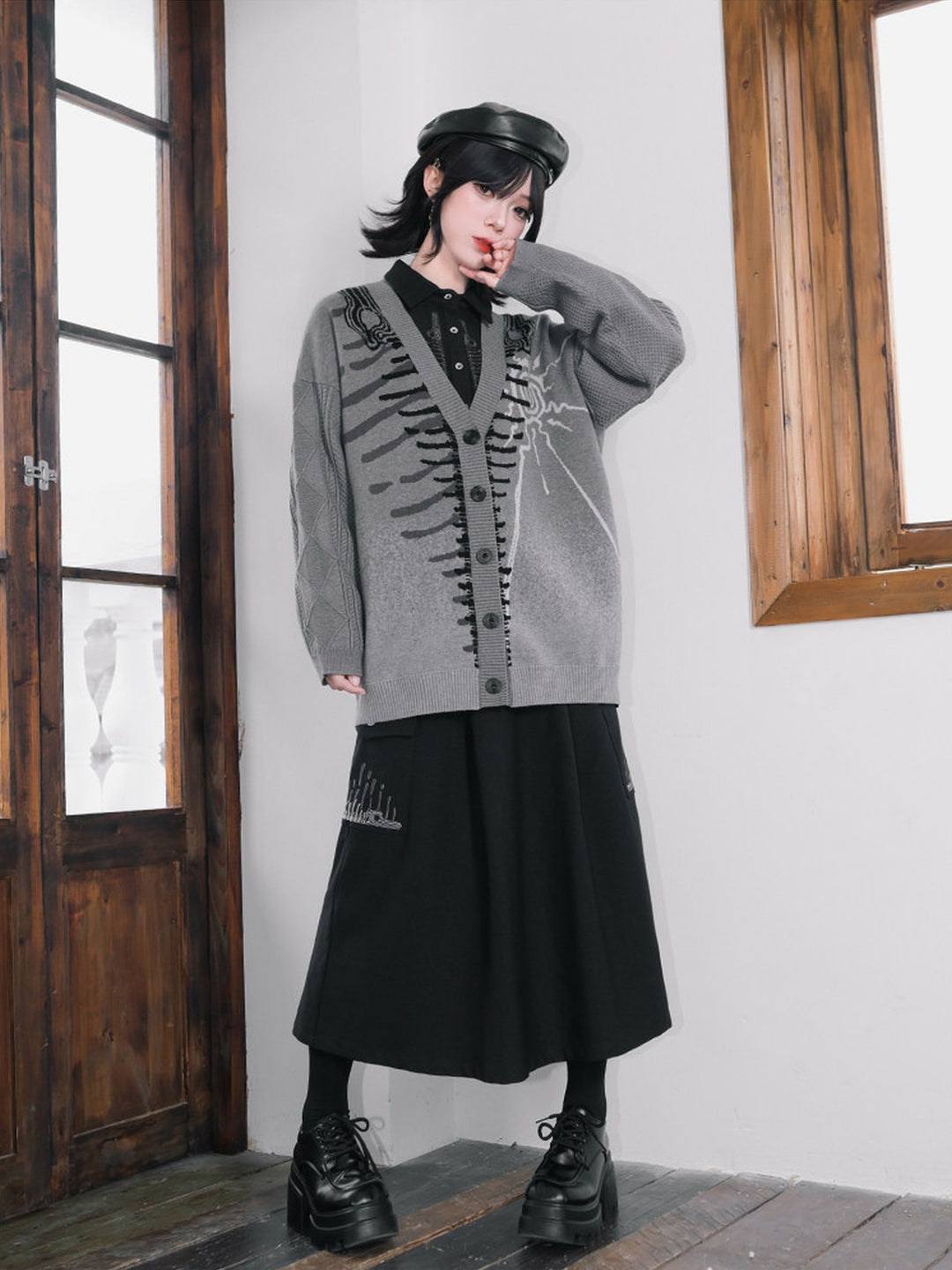 Gray Whale Skeleton Jacquard V-Neck Cardigan