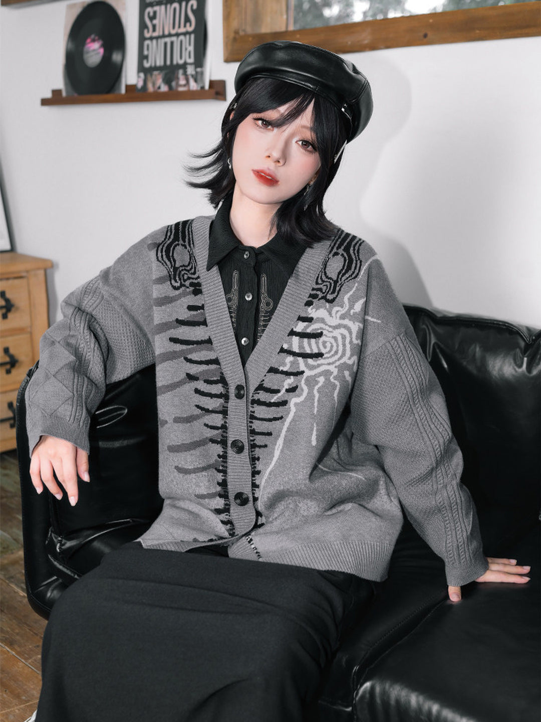 Gray Whale Skeleton Jacquard V-Neck Cardigan