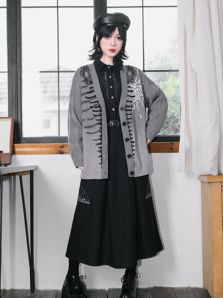 Gray Whale Skeleton Jacquard V-Neck Cardigan