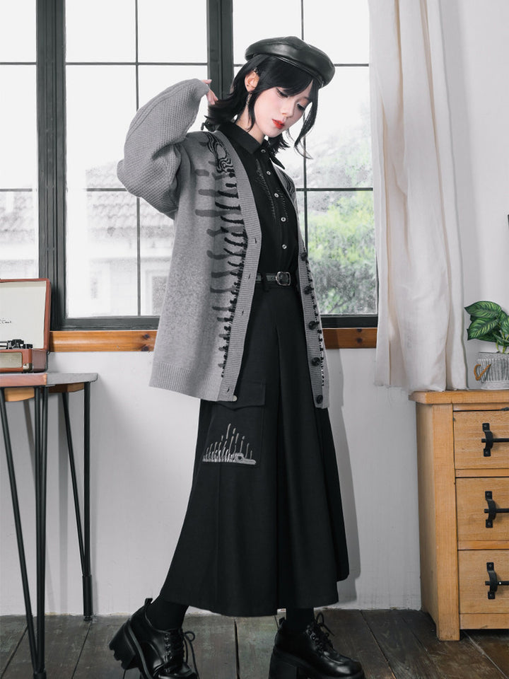 Gray Whale Skeleton Jacquard V-Neck Cardigan