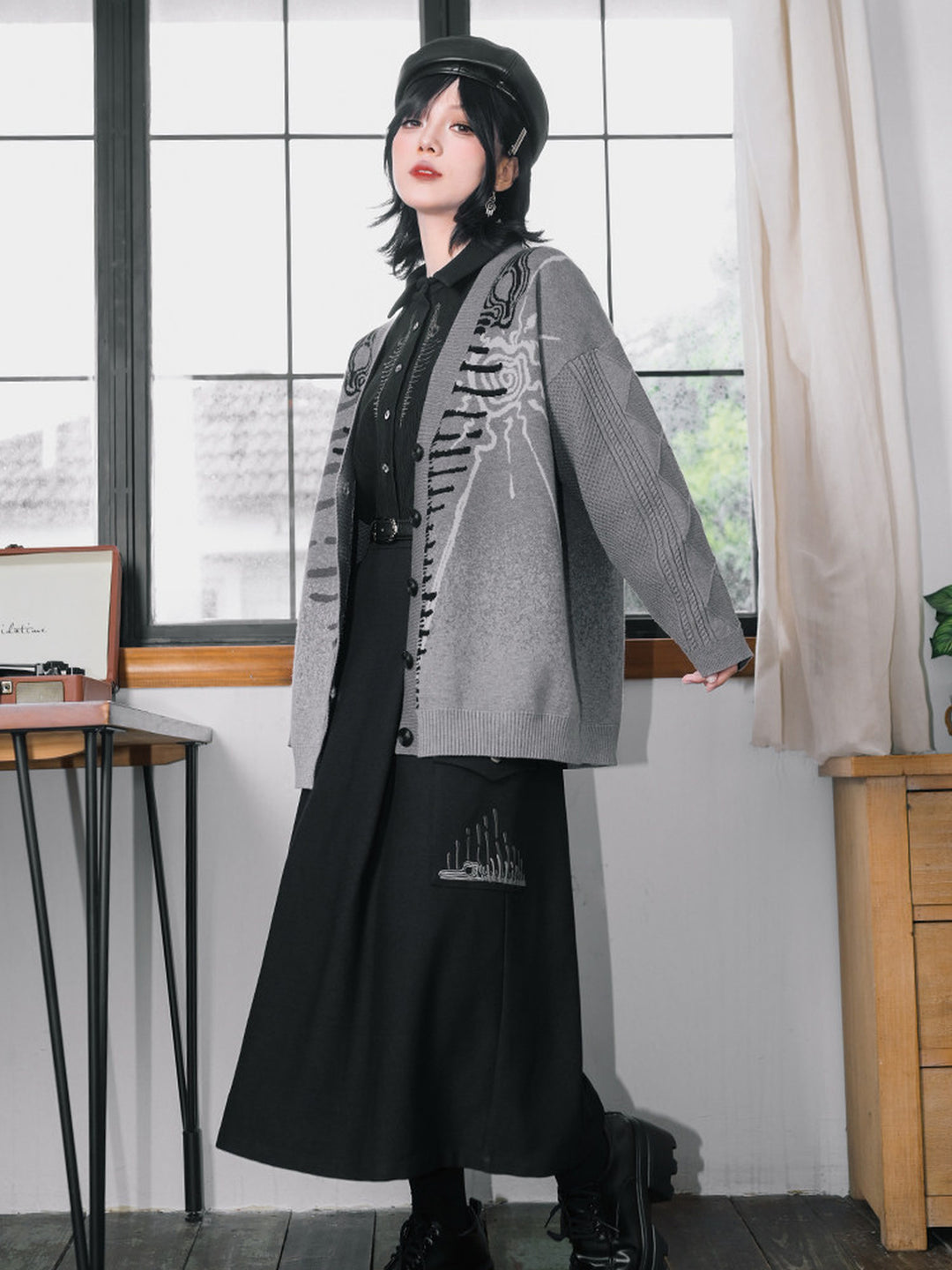Gray Whale Skeleton Jacquard V-Neck Cardigan