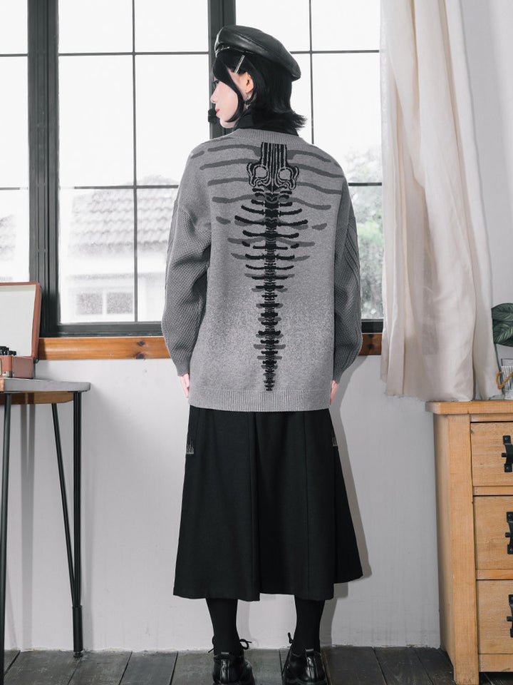 Gray Whale Skeleton Jacquard V-Neck Cardigan