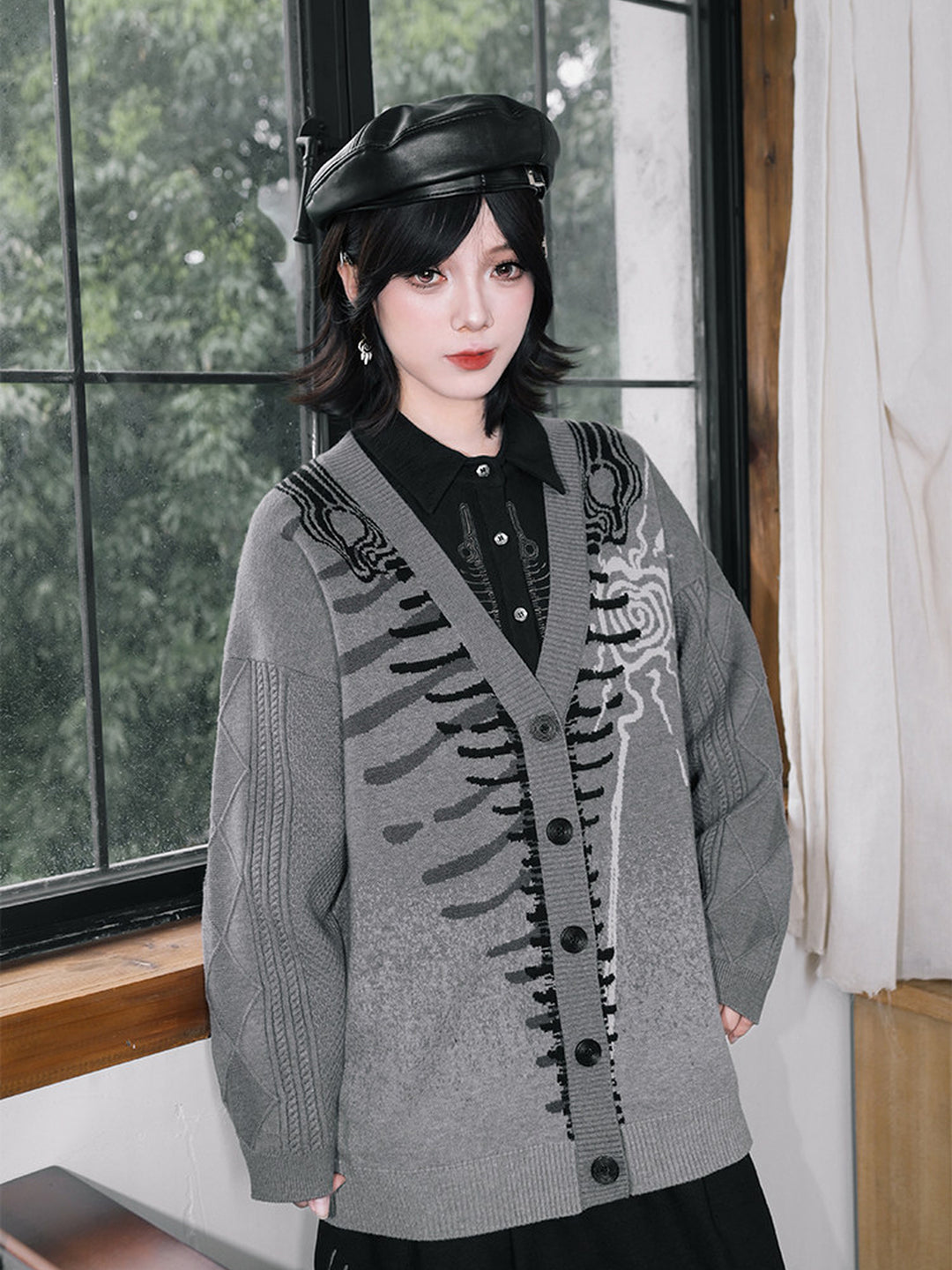 Gray Whale Skeleton Jacquard V-Neck Cardigan