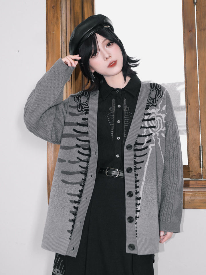 Gray Whale Skeleton Jacquard V-Neck Cardigan
