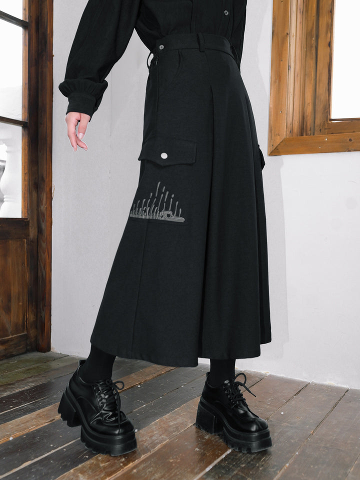 Black Whale Fall Embroidered Cargo A-Line Maxi Skirt