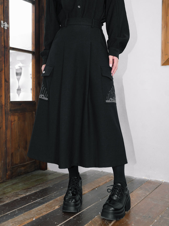 Black Whale Fall Embroidered Cargo A-Line Maxi Skirt