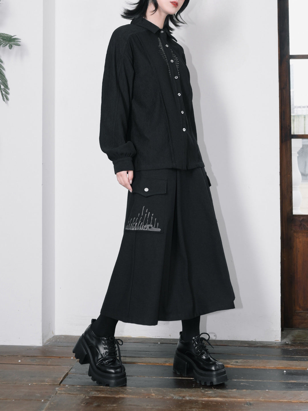 Black Whale Fall Embroidered Cargo A-Line Maxi Skirt