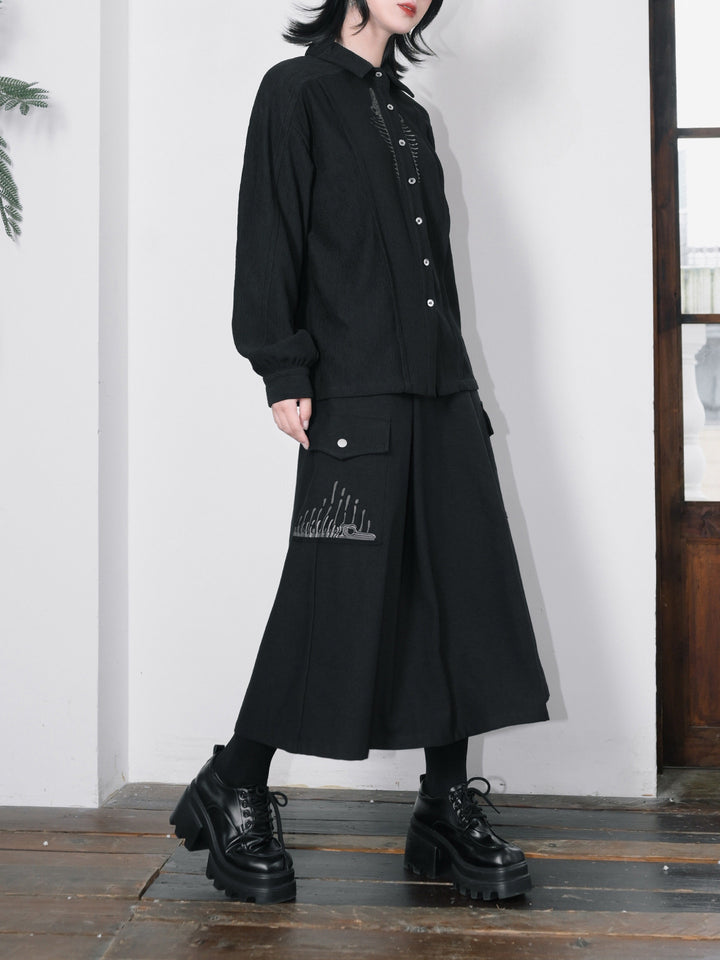 Black Whale Fall Embroidered Cargo A-Line Maxi Skirt
