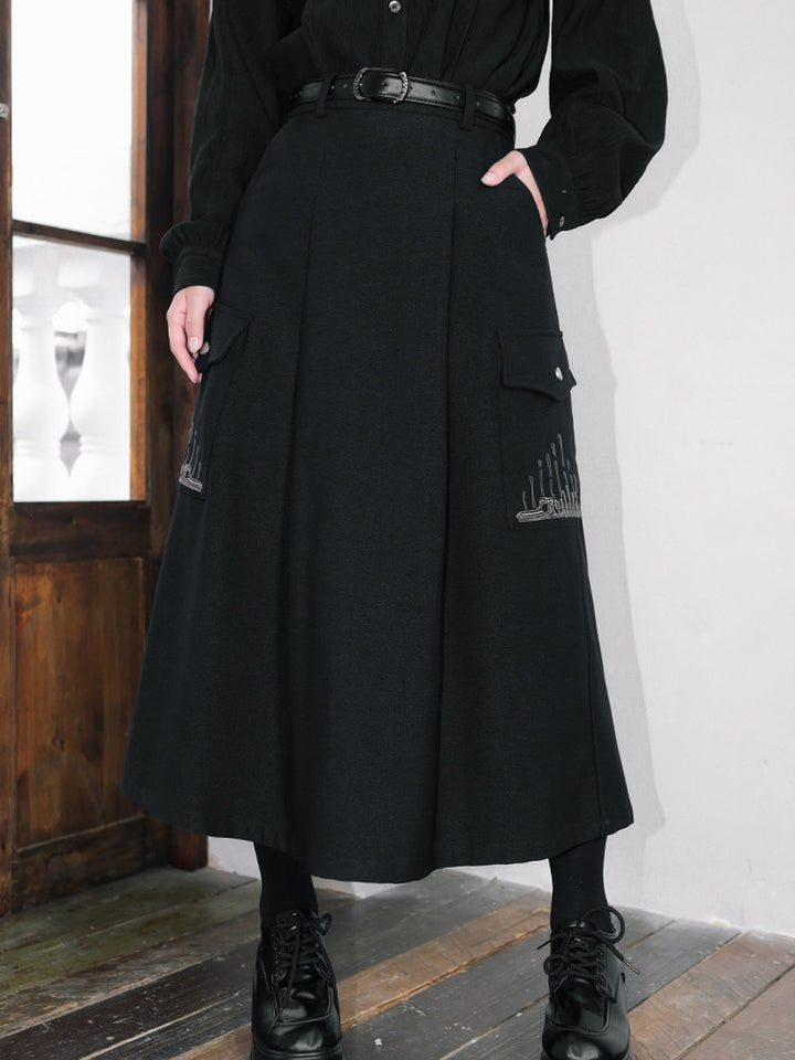 Black Whale Fall Embroidered Cargo A-Line Maxi Skirt