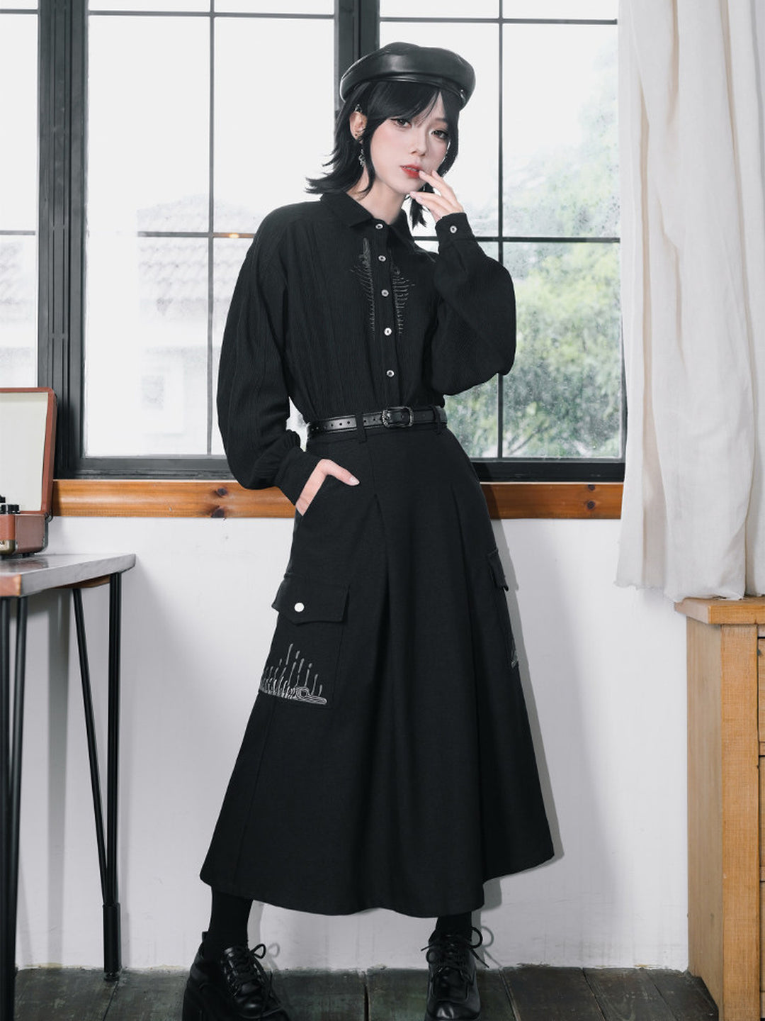 Black Whale Fall Embroidered Cargo A-Line Maxi Skirt