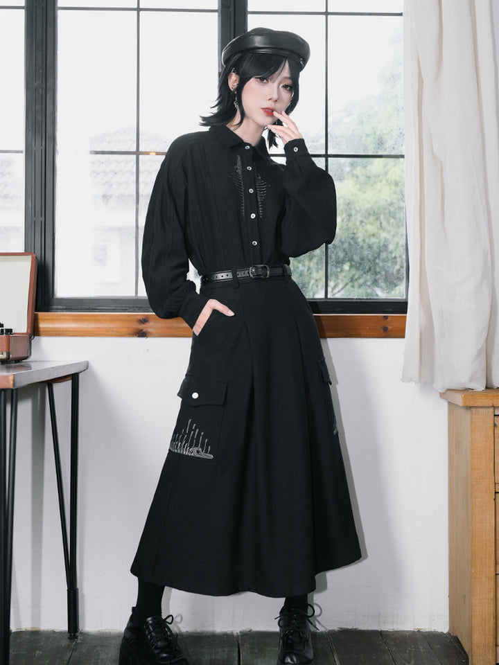 Black Whale Fall Embroidered Cargo A-Line Maxi Skirt